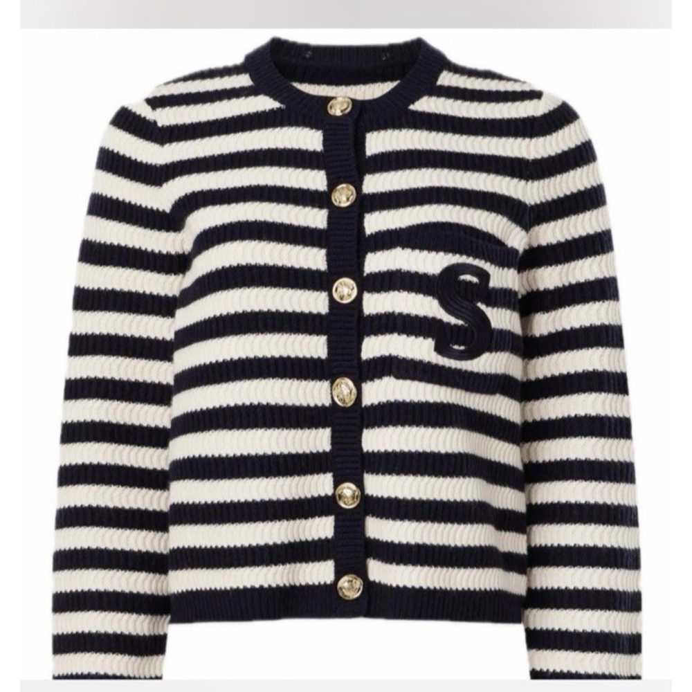 Sandro Paris Striped Breton Cardigan Sweater Jacket Black Ivory SZ 3/M Classic - Picture 1 of 14
